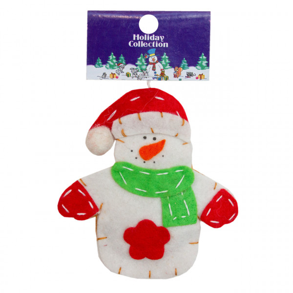 Ялинкова іграшка м'яка - Сніговик в червоному капелюсі з квіткою, 14 см, білий, текстиль (000418-5)
