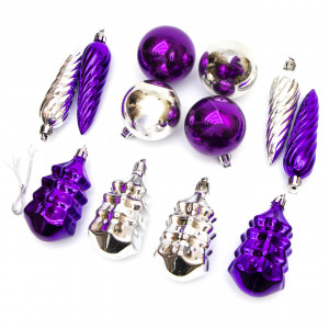 Набір ялинкових іграшок - новорічний, 12 шт, сріблястий, бузковий, пластик, глянець (032402)