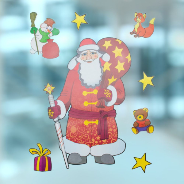 Новорічна прикраса - аркуш з наліпками Санта (Дід Мороз) та звірята, 70x50 см, червоний, ПВХ, папір (070151-1)