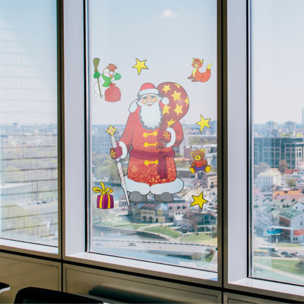 Новорічна прикраса - аркуш з наліпками Санта (Дід Мороз) та звірята, 70x50 см, червоний, ПВХ, папір (070151-1)