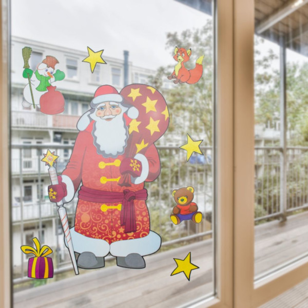 Новорічна прикраса - аркуш з наліпками Санта (Дід Мороз) та звірята, 70x50 см, червоний, ПВХ, папір (070151-1)