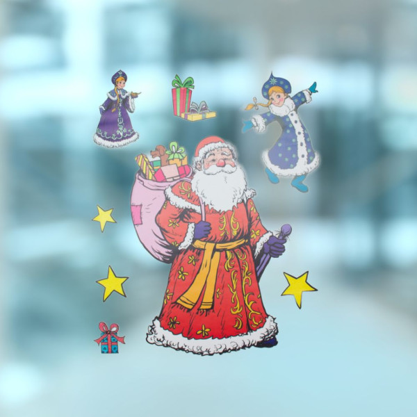 Новорічна прикраса - аркуш з наліпками, Санта (Дід Мороз) та Снігуронька, 70x50 см, різнокольоровий, ПВХ, папір (070151-2)