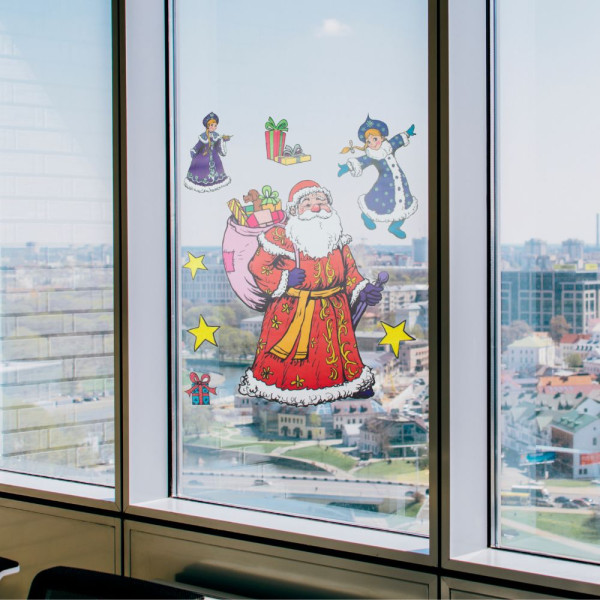 Новорічна прикраса - аркуш з наліпками, Санта (Дід Мороз) та Снігуронька, 70x50 см, різнокольоровий, ПВХ, папір (070151-2)