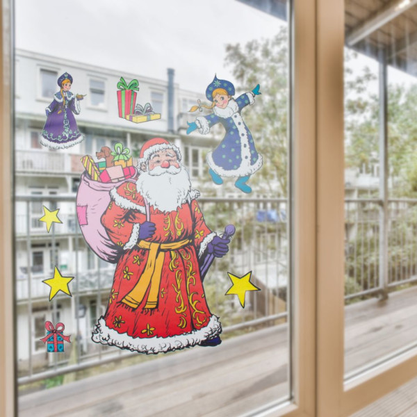 Новорічна прикраса - аркуш з наліпками, Санта (Дід Мороз) та Снігуронька, 70x50 см, різнокольоровий, ПВХ, папір (070151-2)