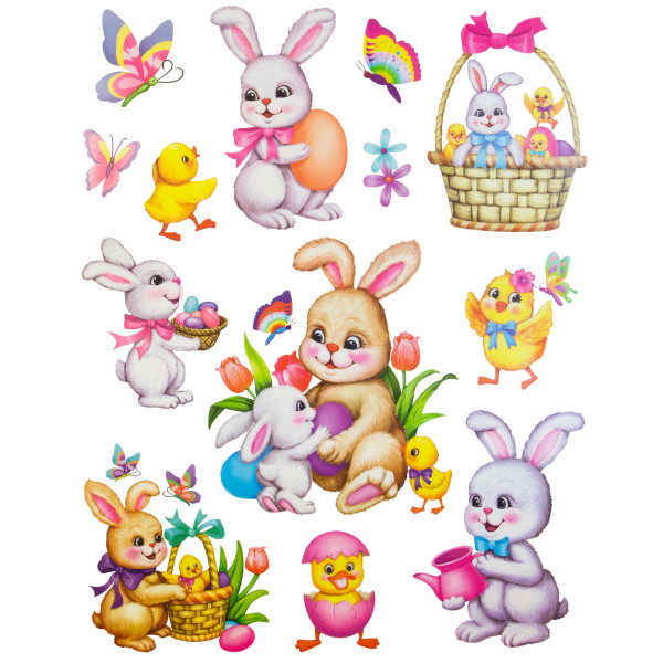 Лист з декоративними пасхальними наклейками на вікно, зайці, 30x42 см, ПВХ, папір (070281) для декору та інтер'єру (070281)
