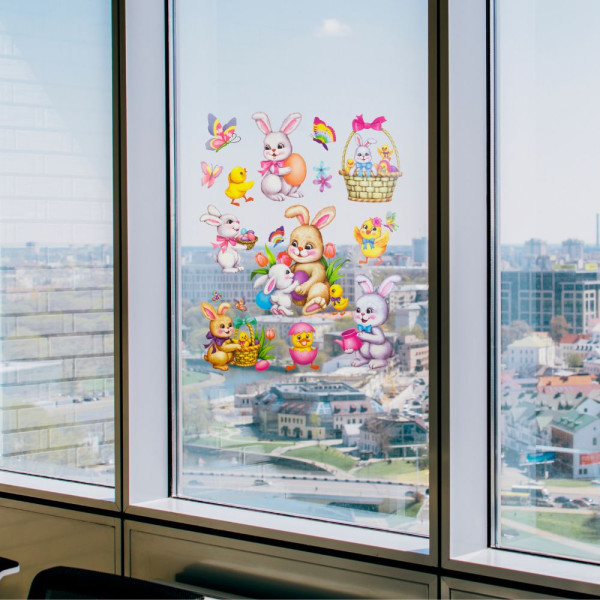 Лист з декоративними пасхальними наклейками на вікно, зайці, 30x42 см, ПВХ, папір (070281) для декору та інтер'єру (070281)