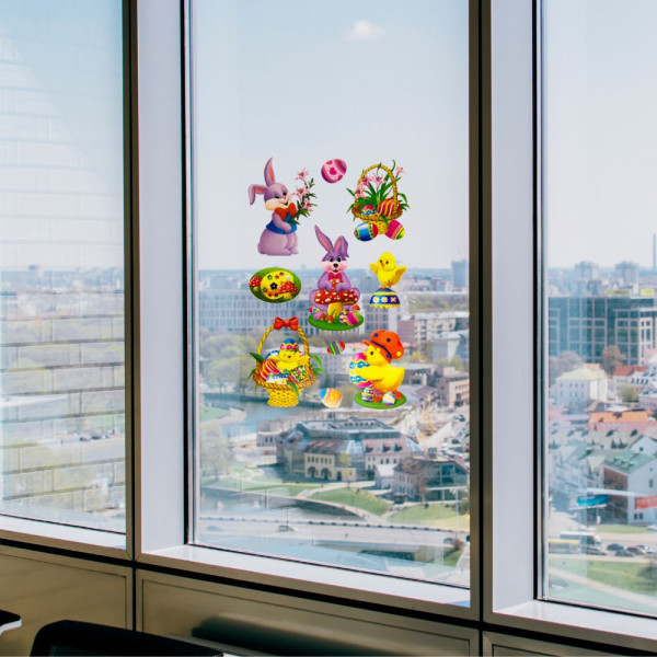 Лист з декоративними пасхальними наліпками на вікно, зайці та качки, 20x30 см, ПВХ, папір (070298-2) для декору та інтер'єру (070298-2)