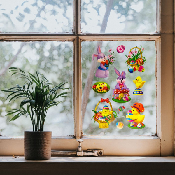 Лист з декоративними пасхальними наліпками на вікно, зайці та качки, 20x30 см, ПВХ, папір (070298-2) для декору та інтер'єру (070298-2)