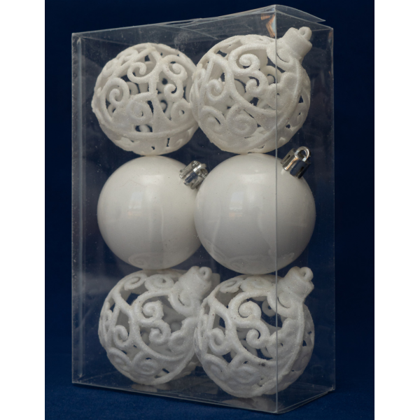 Набір ялинкових іграшок - кулі, 6 шт, D6 см, білий, 2 глянець, 4 гліттер, пластик (251734-4)