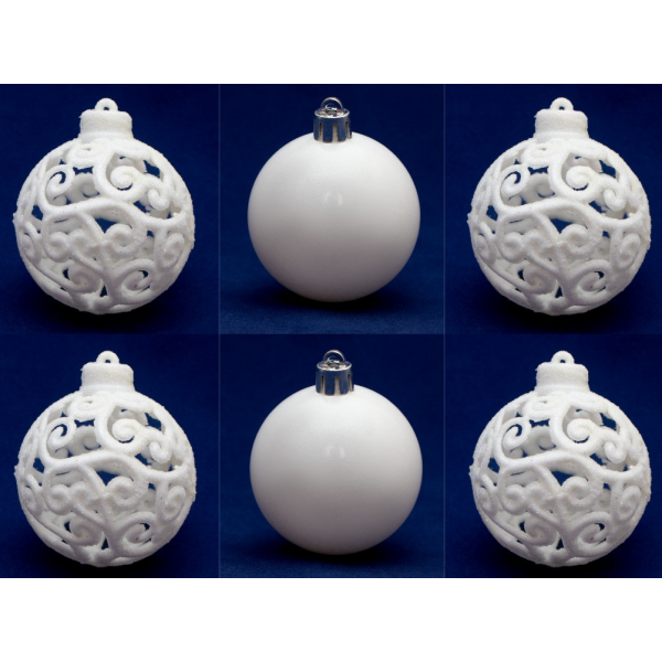 Набір ялинкових іграшок - кулі, 6 шт, D6 см, білий, 2 глянець, 4 гліттер, пластик (251734-4)