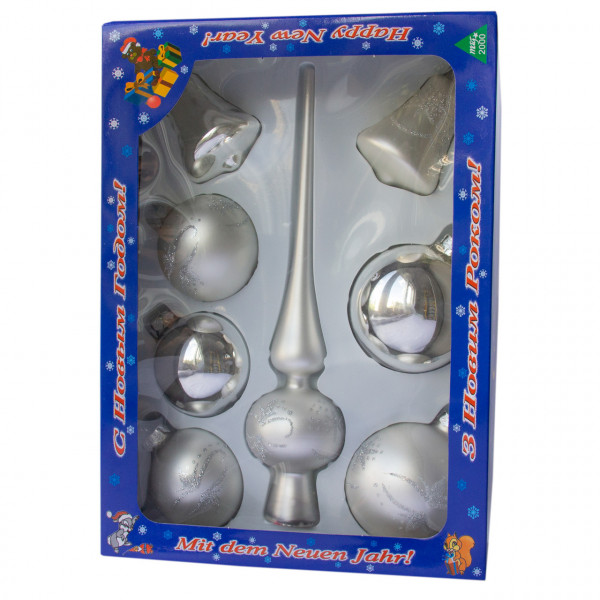 Набір ялинкових іграшок - кулі з верхівкою, 8 шт, D6-8 см, сріблястий, в сніжинки, скло, мікс (390281-19)