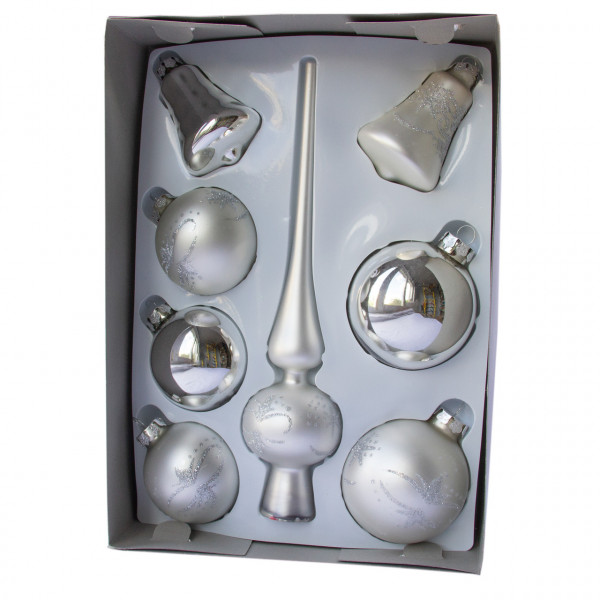 Набір ялинкових іграшок - кулі з верхівкою, 8 шт, D6-8 см, сріблястий, в сніжинки, скло, мікс (390281-19)