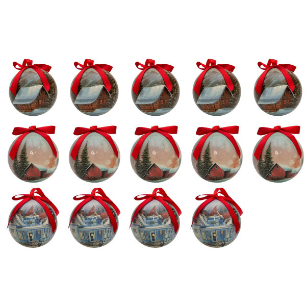 Набір ялинкових іграшок - кулі з будиночками, 14 шт, D7,5 см, білий з розписом, пінопласт (420018-1)