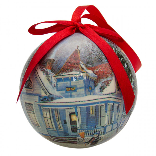 Набір ялинкових іграшок - кулі з будиночками, 14 шт, D7,5 см, білий з розписом, пінопласт (420018-1)