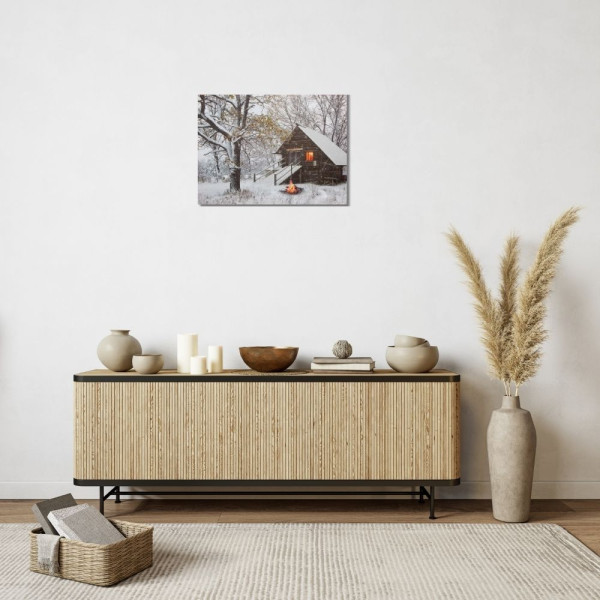 Картина, що світиться - зимовий будинок зі світлим вікном та вуличним вогнем, 3 LЕD лампи що мерехтять, 30x40 см (940164)
