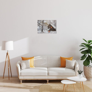 Картина, що світиться - зимовий будинок зі світлим вікном та вуличним вогнем, 3 LЕD лампи що мерехтять, 30x40 см (940164)