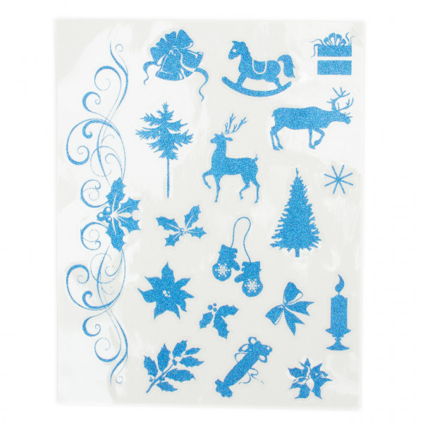 Новорічна прикраса - аркуш с наклейками, листочки, звірята, синій, ПВХ (070045-4)