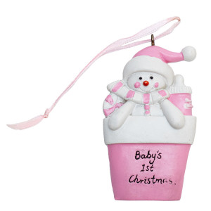 Новорічна ялинкова іграшка - фігурка Сніговик в горщику, 8 см, різнокольоровий, полістоун (000647-2)