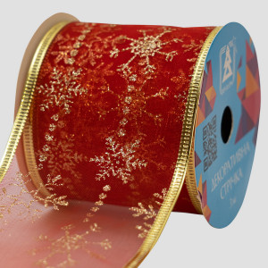 Декоративна прикраса - стрічка в рулоні з золотими сніжинками, 3 м, 6,3 см, червоний, органза (082512)
