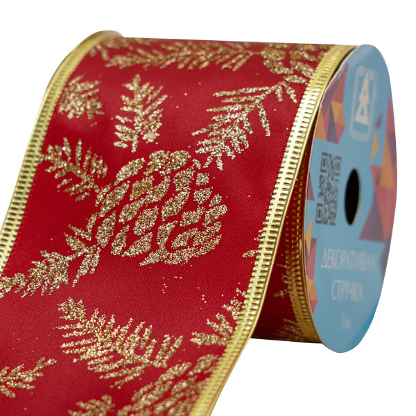 Декоративна прикраса - стрічка в рулоні з шишкою, 3 м, 6,3 см, червоний, атлас (082550)