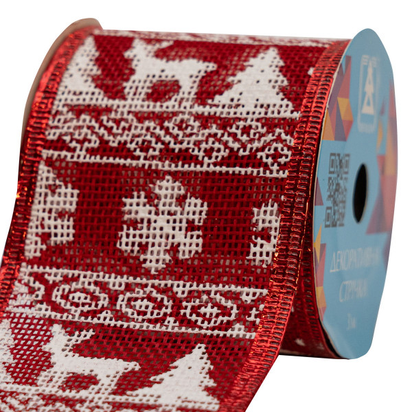 Декоративна прикраса - стрічка в рулоні червона з оленем та ялинкою, 3 м, 6,3 см, червоний, поліестер (082574)