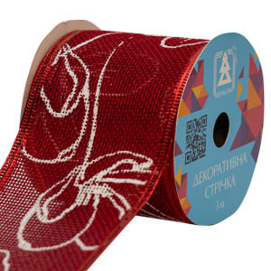 Декоративна прикраса - стрічка в рулоні червона з контуром квітки, 3 м, 6,3 см, червоний, поліестер (082581)
