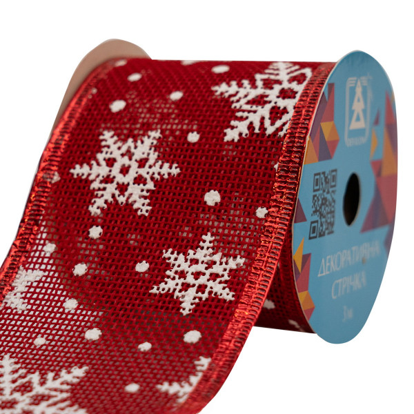 Декоративна прикраса - стрічка в рулоні червона зі сніжинкою, 3 м, 6,3 см, червоний, поліестер (082598)