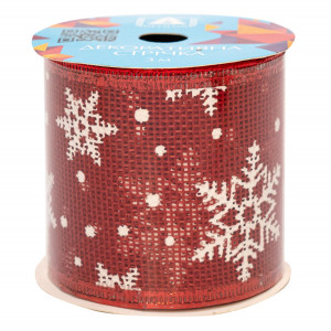 Декоративна прикраса - стрічка в рулоні червона зі сніжинкою, 3 м, 6,3 см, червоний, поліестер (082598)