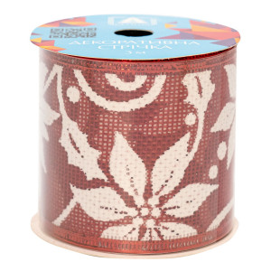 Декоративна прикраса - стрічка в рулоні червона з білою квіткою, 3 м, 6,3 см, червоний, поліестер (082604)