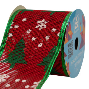 Декоративна прикраса - стрічка в рулоні зелена ялинка та біла сніжинка, 3 м, 6,3 см, поліестер (082635)