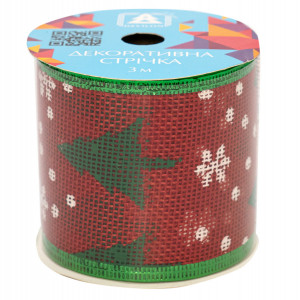 Декоративна прикраса - стрічка в рулоні зелена ялинка та біла сніжинка, 3 м, 6,3 см, поліестер (082635)