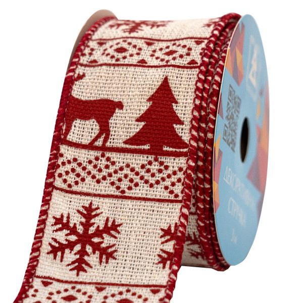 Декоративна прикраса - стрічка в рулоні олень та ялинка, 3 м, 4 см, білий, поліестер (082673)