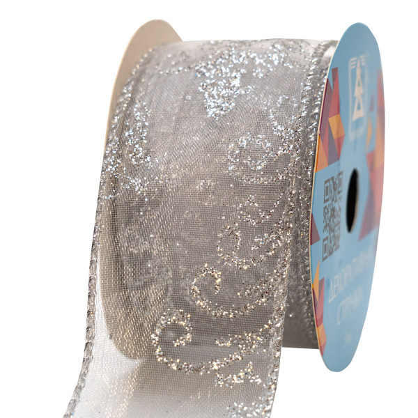 Декоративна прикраса - стрічка в рулоні малюнок, 3 м, 3,8 см, сріблястий, органза (082710)