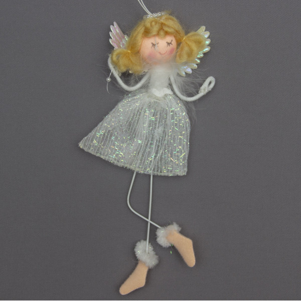 Новорічна ялинкова іграшка - фігурка Янголятко в білій сукні, 15 см, білий, текстиль (220945-5)