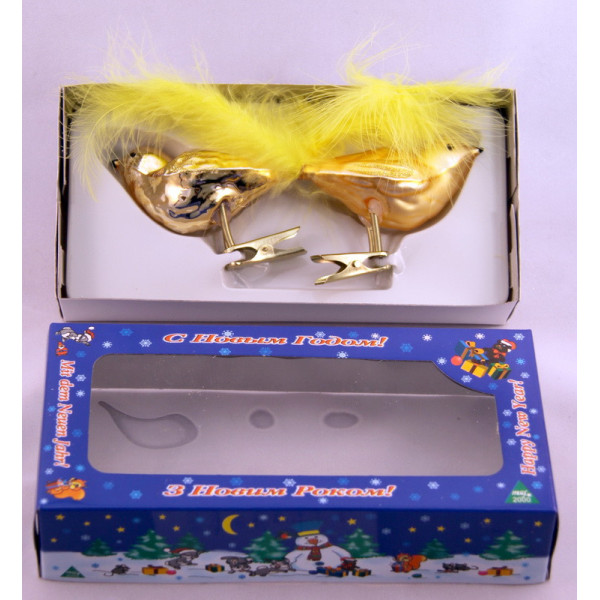 Набір ялинкових іграшок - пташки, 2 шт, 18 см, золотистий, мікс, скло (390205-2)