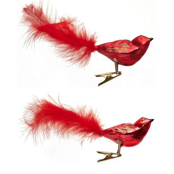 Набір ялинкових іграшок - пташки, 2 шт, 18 см, червоний, мікс, скло (390205-3)