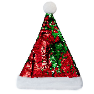 Новорічний карнавальний ковпак з блискітками, 43*30 см, червоно-зелений поліестер, пластик (462902)