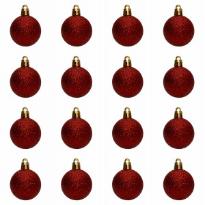 Набір ялинкових іграшок - кулі, 16 шт, D4 см, червоний, гліттер, пластик (891985)