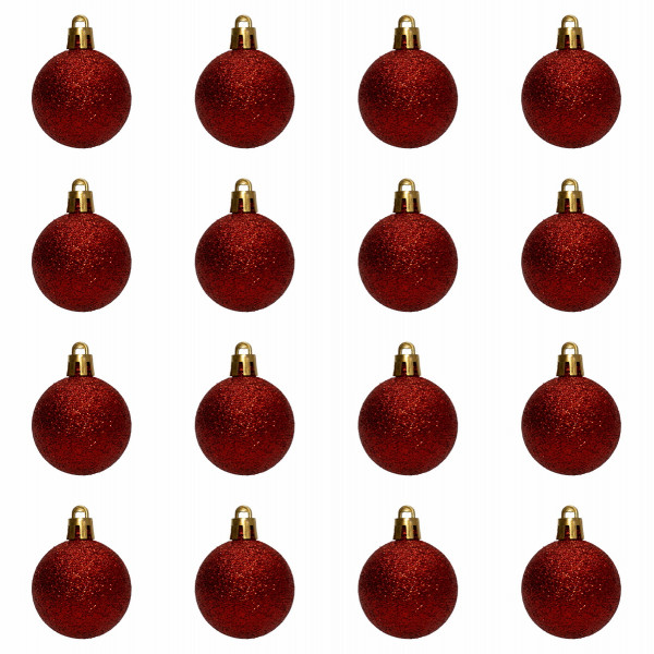 Набір ялинкових іграшок - кулі, 16 шт, D4 см, червоний, гліттер, пластик (891985)