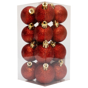 Набір ялинкових іграшок - кулі, 16 шт, D4 см, червоний, гліттер, пластик (891985)