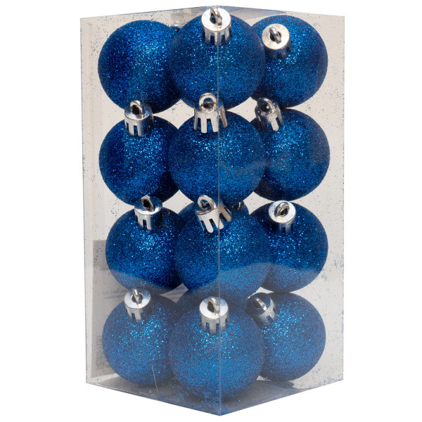 Набір ялинкових іграшок - кулі, 16 шт, D4 см, синій, гліттер, пластик (891992)