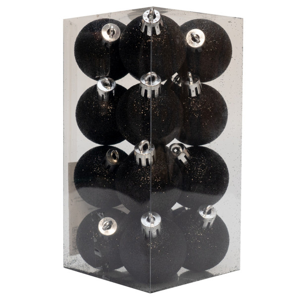 Набір ялинкових іграшок - кулі, 16 шт, D4 см, чорний, гліттер, пластик (892012)