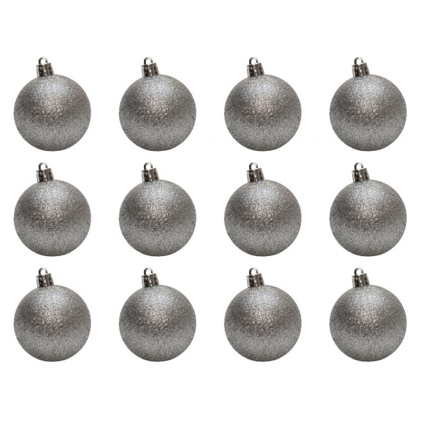 Набір ялинкових іграшок - кулі, 12 шт, D6 см, сріблястий, гліттер, пластик (892135)