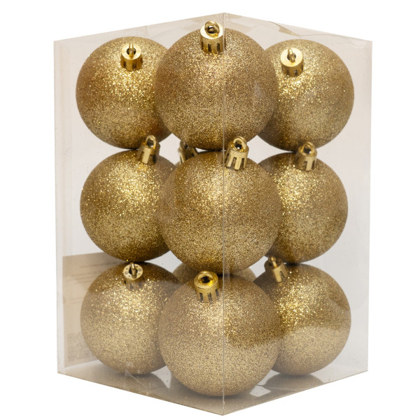 Набір ялинкових іграшок - кулі, 12 шт, D6 см, золотистий, гліттер, пластик (892142)