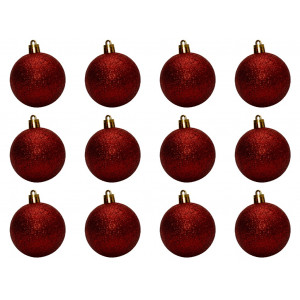 Набір ялинкових іграшок - кулі, 12 шт, D6 см, червоний, гліттер, пластик (892159)