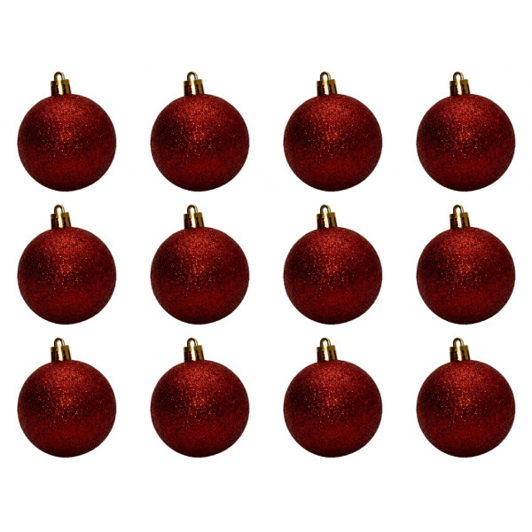 Набір ялинкових іграшок - кулі, 12 шт, D6 см, червоний, гліттер, пластик (892159)
