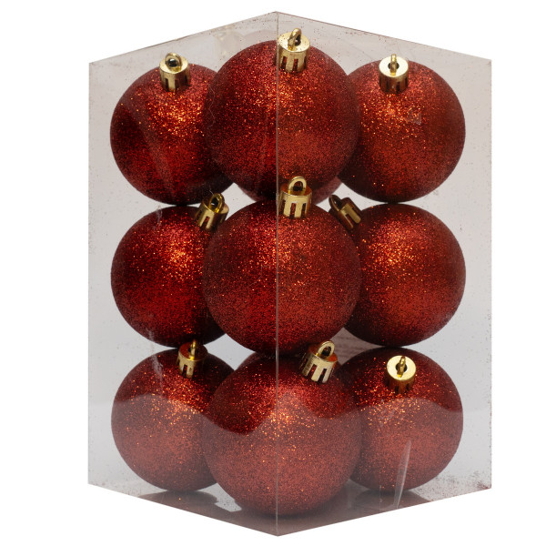 Набір ялинкових іграшок - кулі, 12 шт, D6 см, червоний, гліттер, пластик (892159)