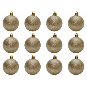 Набір ялинкових іграшок - кулі, 12 шт, D6 см, шампань, гліттер, пластик (892197)