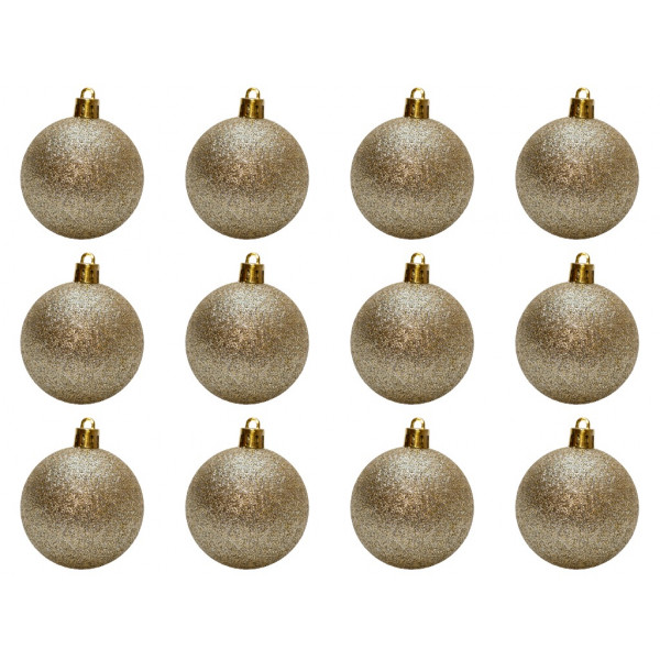 Набір ялинкових іграшок - кулі, 12 шт, D6 см, шампань, гліттер, пластик (892197)