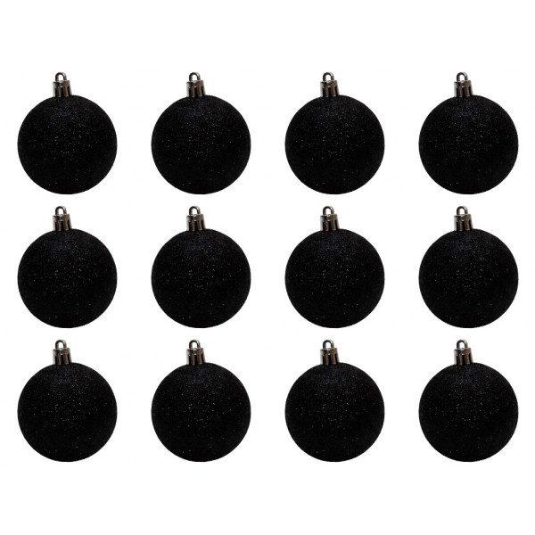 Набір ялинкових іграшок - кулі, 12 шт, D6 см, чорний, гліттер, пластик (892203)